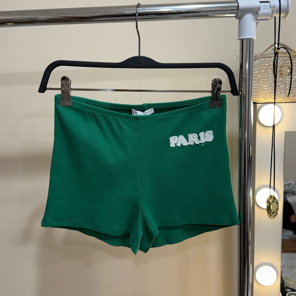 ZARA Green PARIS Knit Shorts Ribbed Mini Shorts Size M